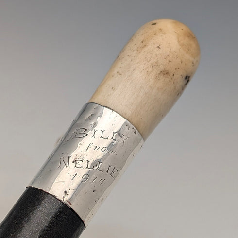 1914 年英國古董黑軸 L 形鹿角手柄純銀裝飾手杖 手杖 88 厘米